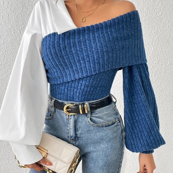 . Tops - Color Block Asymmetrical Neck Lantern Sleeve Top black white